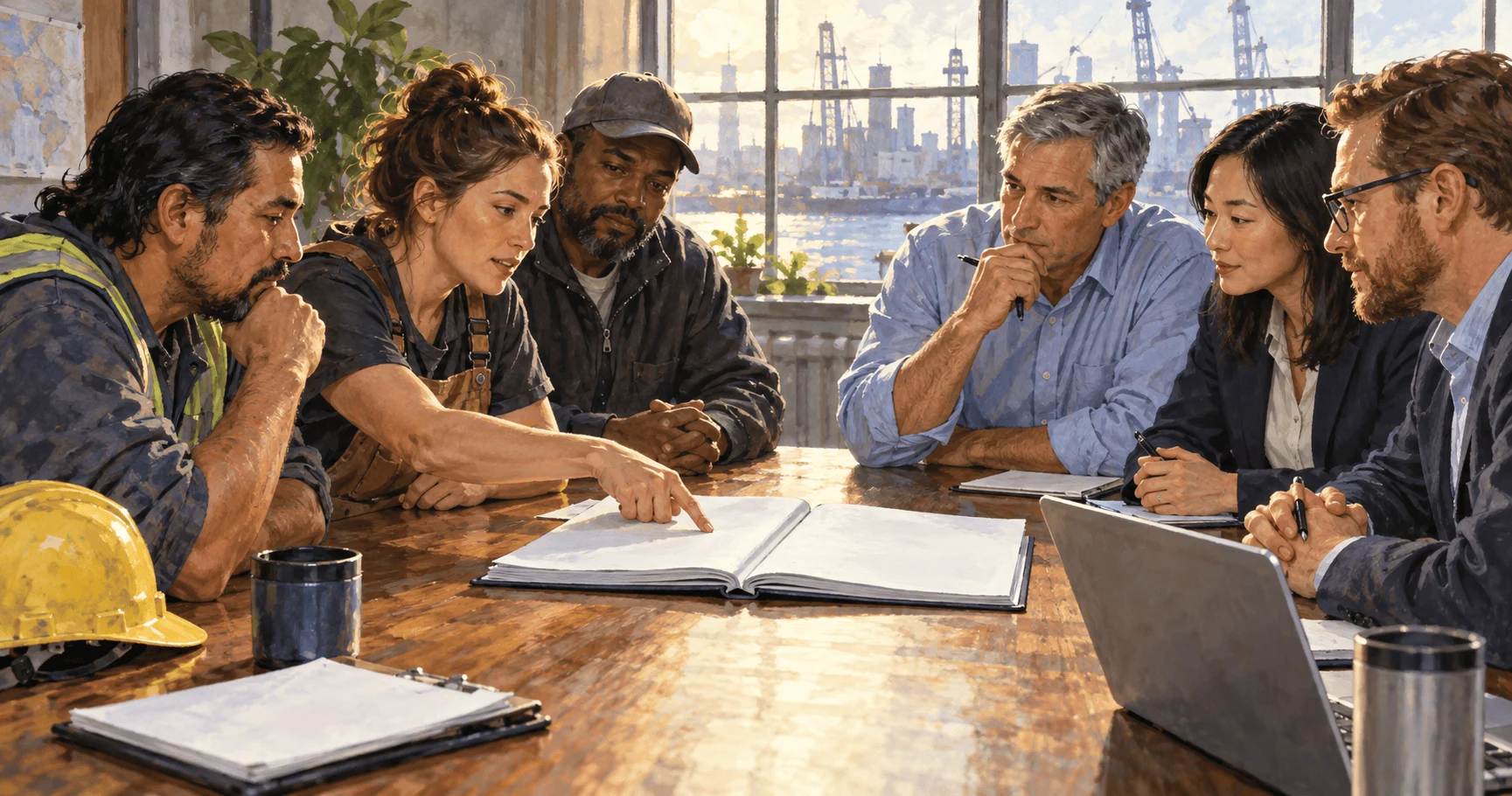 Conceptual painting of workers and management bargaining over an agreement.