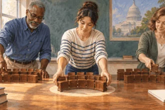 Conceptual painting of three groups of Senate seats being scheduled.