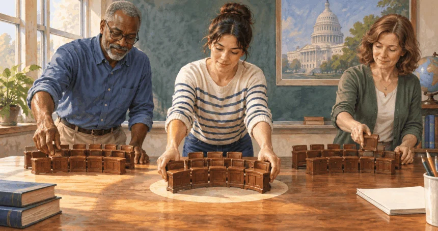 Conceptual painting of three groups of Senate seats being scheduled.