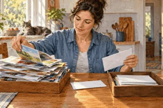 Conceptual painting of a resident sorting unwanted mail from personal mail.