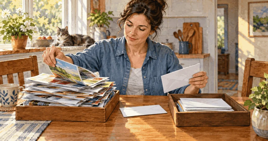 Conceptual painting of a resident sorting unwanted mail from personal mail.