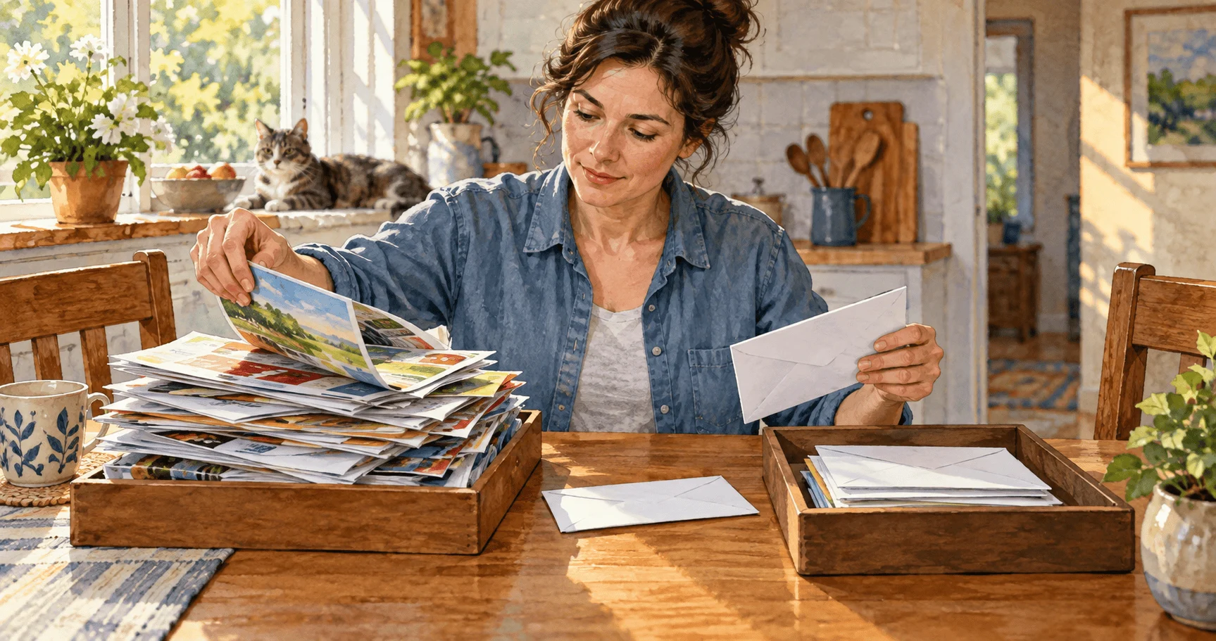 Conceptual painting of a resident sorting unwanted mail from personal mail.