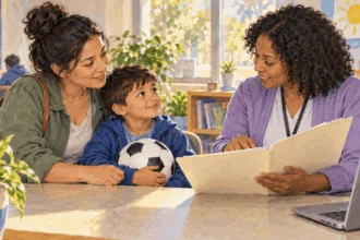 Conceptual painting of a parent seeking children's health coverage assistance.