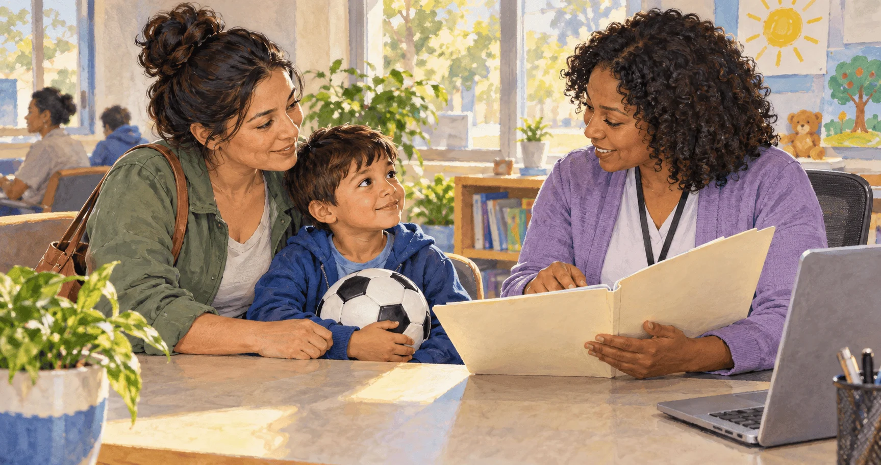 Conceptual painting of a parent seeking children's health coverage assistance.