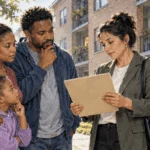Conceptual painting of a family discussing a housing voucher waitlist.