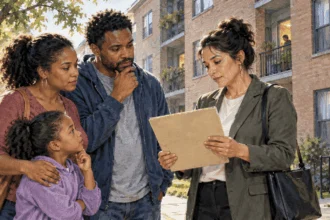 Conceptual painting of a family discussing a housing voucher waitlist.