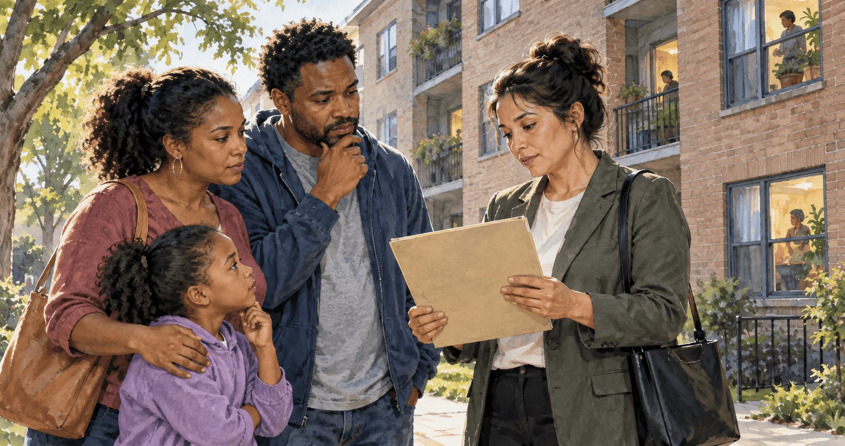 Conceptual painting of a family discussing a housing voucher waitlist.