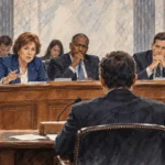 Senators questioning a nominee at a public confirmation hearing.