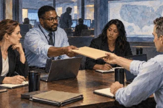 Analysts coordinating across agencies at a secure workroom.