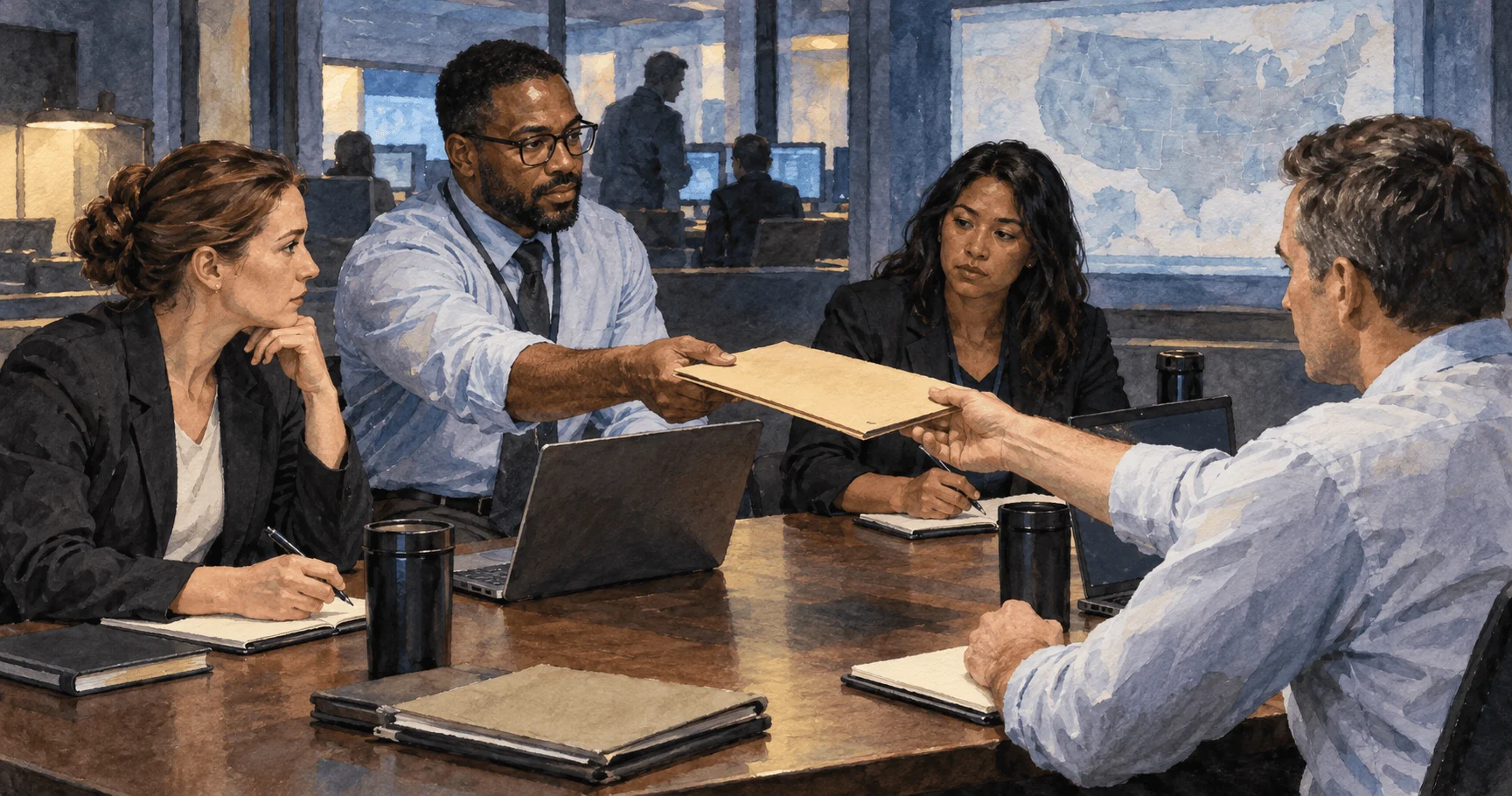 Analysts coordinating across agencies at a secure workroom.