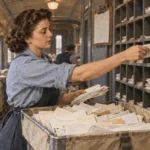 Midcentury postal clerk sorting mail into route cubbies.