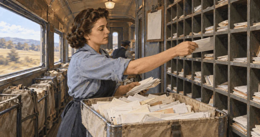 Midcentury postal clerk sorting mail into route cubbies.