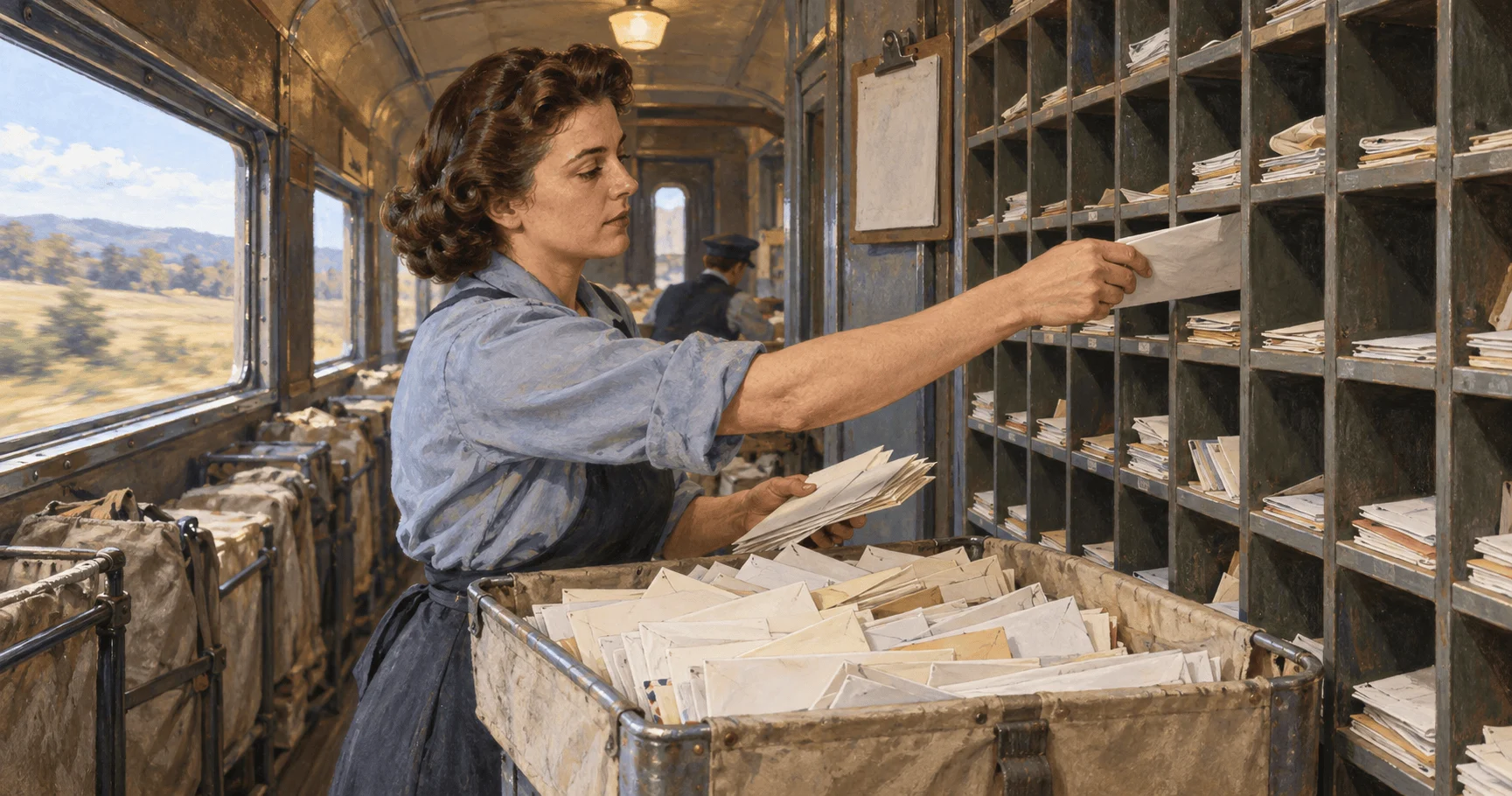 Midcentury postal clerk sorting mail into route cubbies.