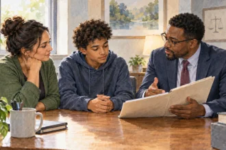 Young person, guardian and lawyer consulting in juvenile court.