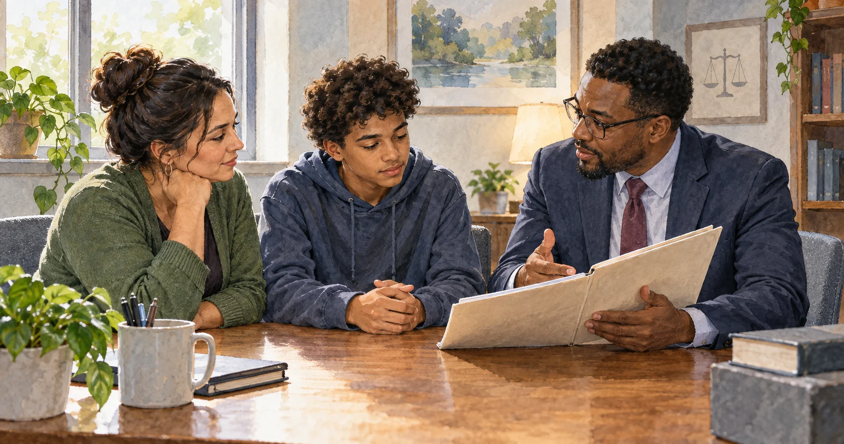 Young person, guardian and lawyer consulting in juvenile court.
