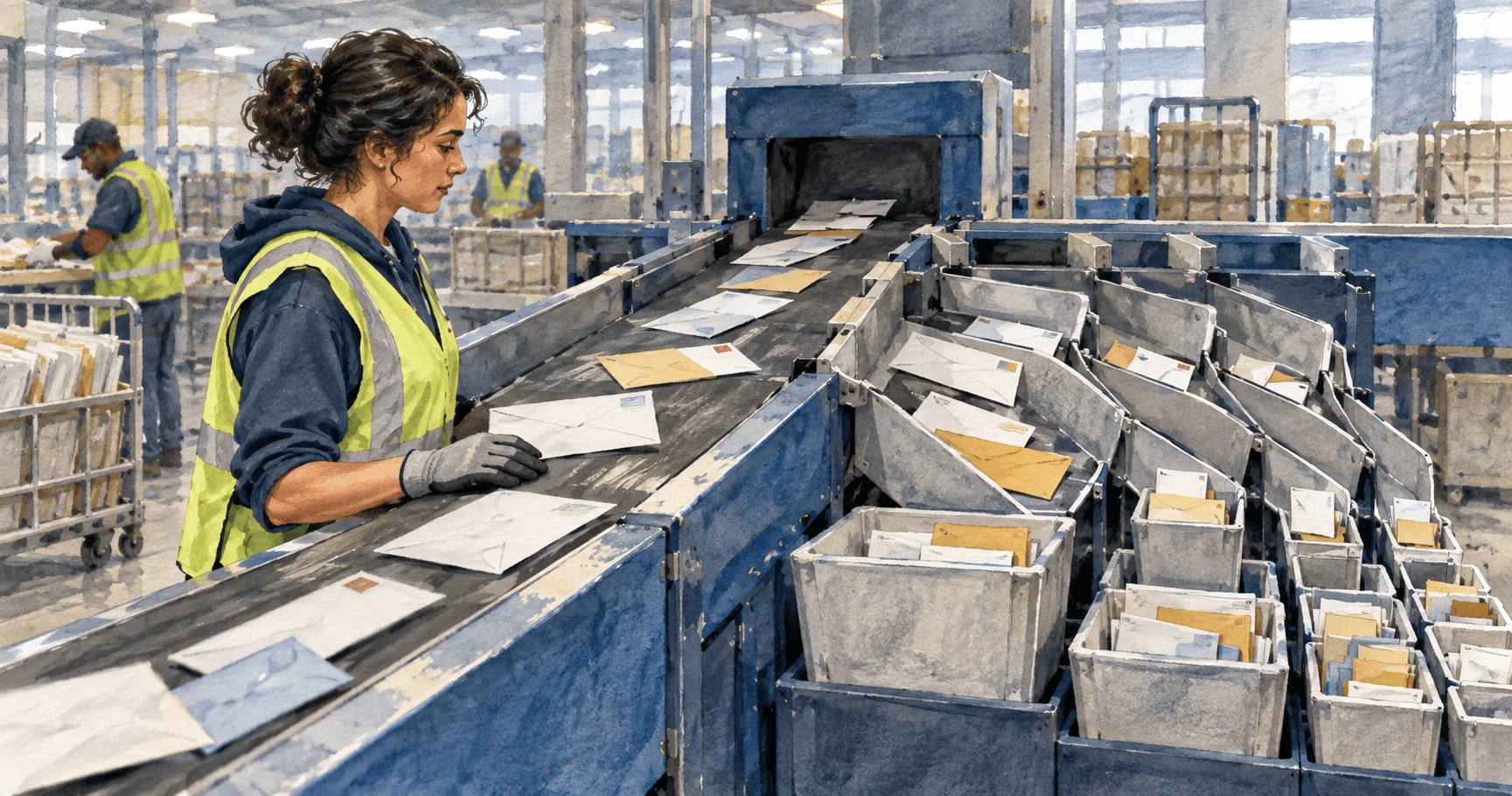 Postal worker observing letters move through sorting equipment.