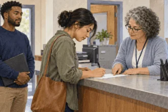 Resident submitting voter registration at an election office.