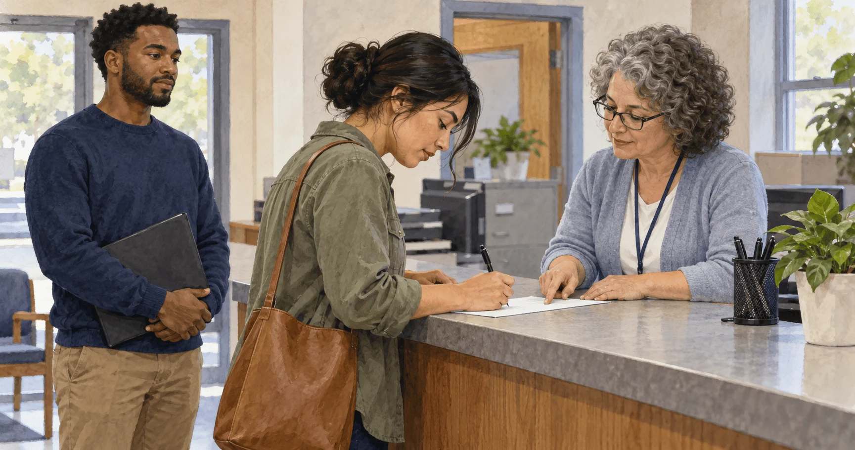 Resident submitting voter registration at an election office.