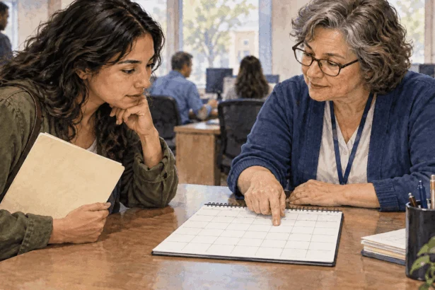 Voter and election clerk reviewing a registration calendar.