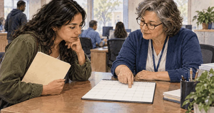 Voter and election clerk reviewing a registration calendar.