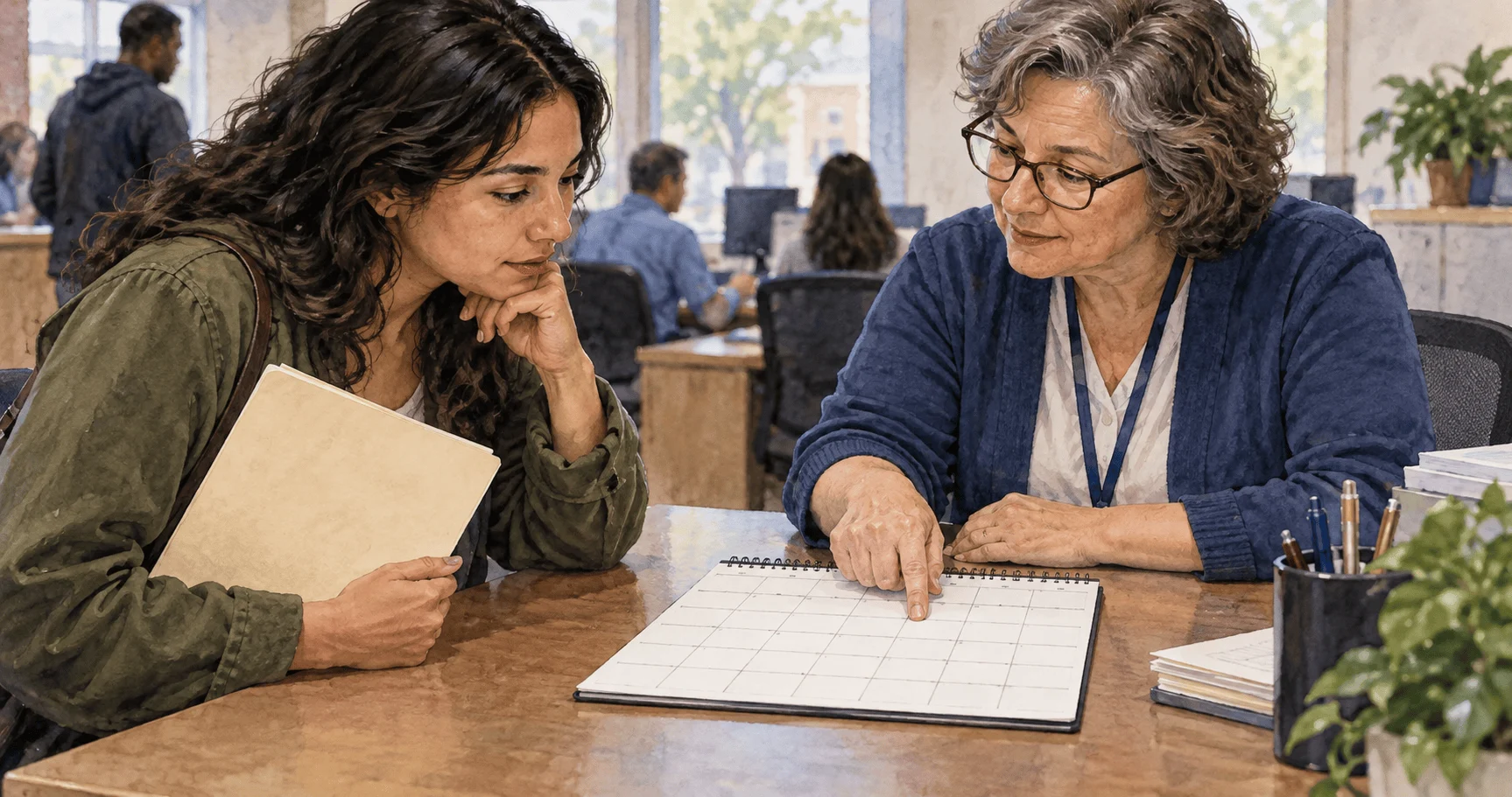 Voter and election clerk reviewing a registration calendar.