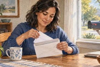 Voter preparing a mail ballot return envelope at home.