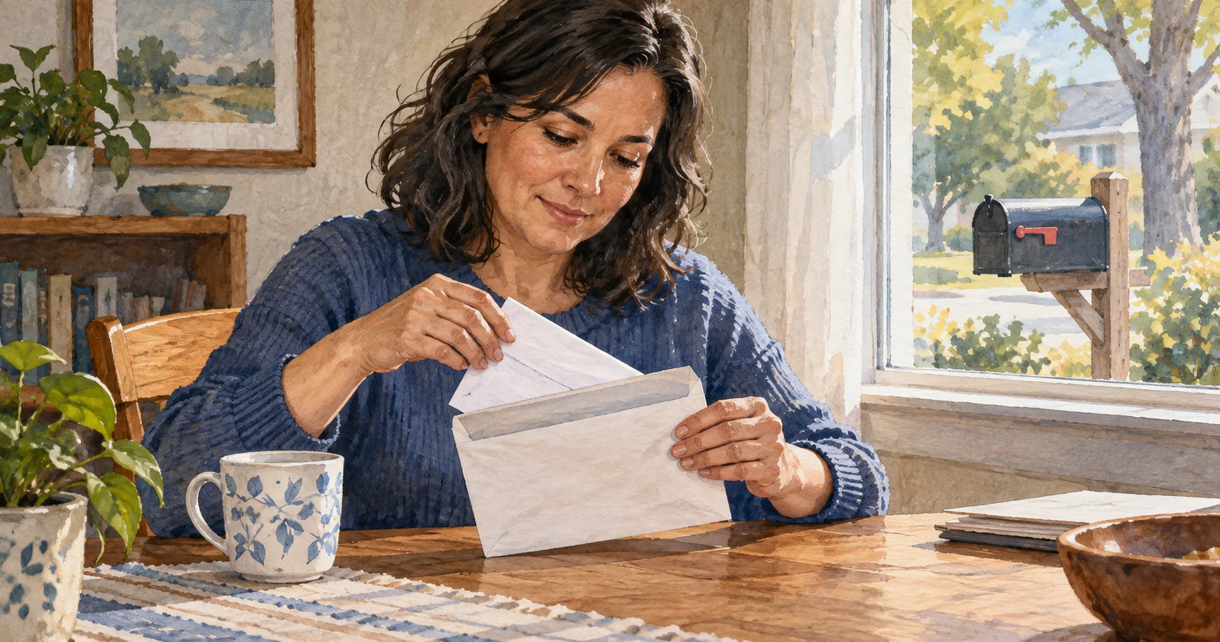 Voter preparing a mail ballot return envelope at home.