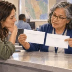 Conceptual painting of a voter comparing two ways to receive a mail ballot.