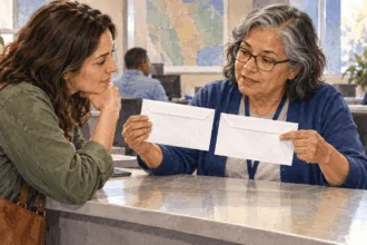 Conceptual painting of a voter comparing two ways to receive a mail ballot.