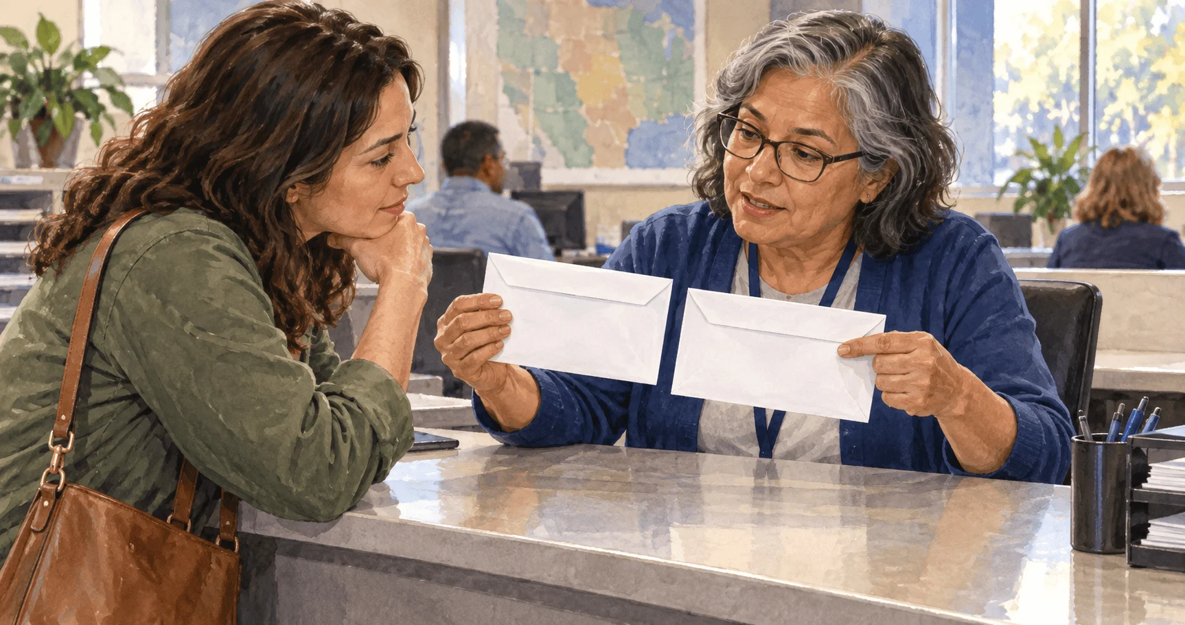 Conceptual painting of a voter comparing two ways to receive a mail ballot.