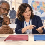 Conceptual painting of neighbors comparing state voter ID rules.