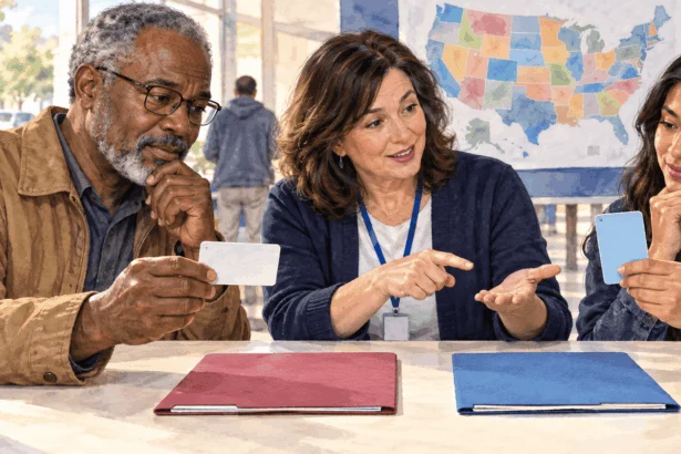 Conceptual painting of neighbors comparing state voter ID rules.