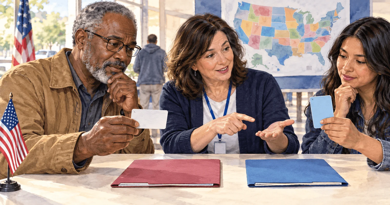 Conceptual painting of neighbors comparing state voter ID rules.