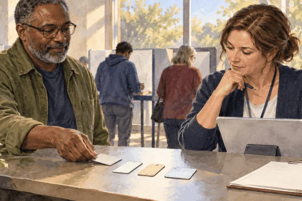 Conceptual painting of a voter asking which identification can be used.