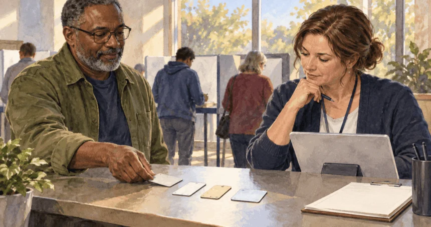 Conceptual painting of a voter asking which identification can be used.