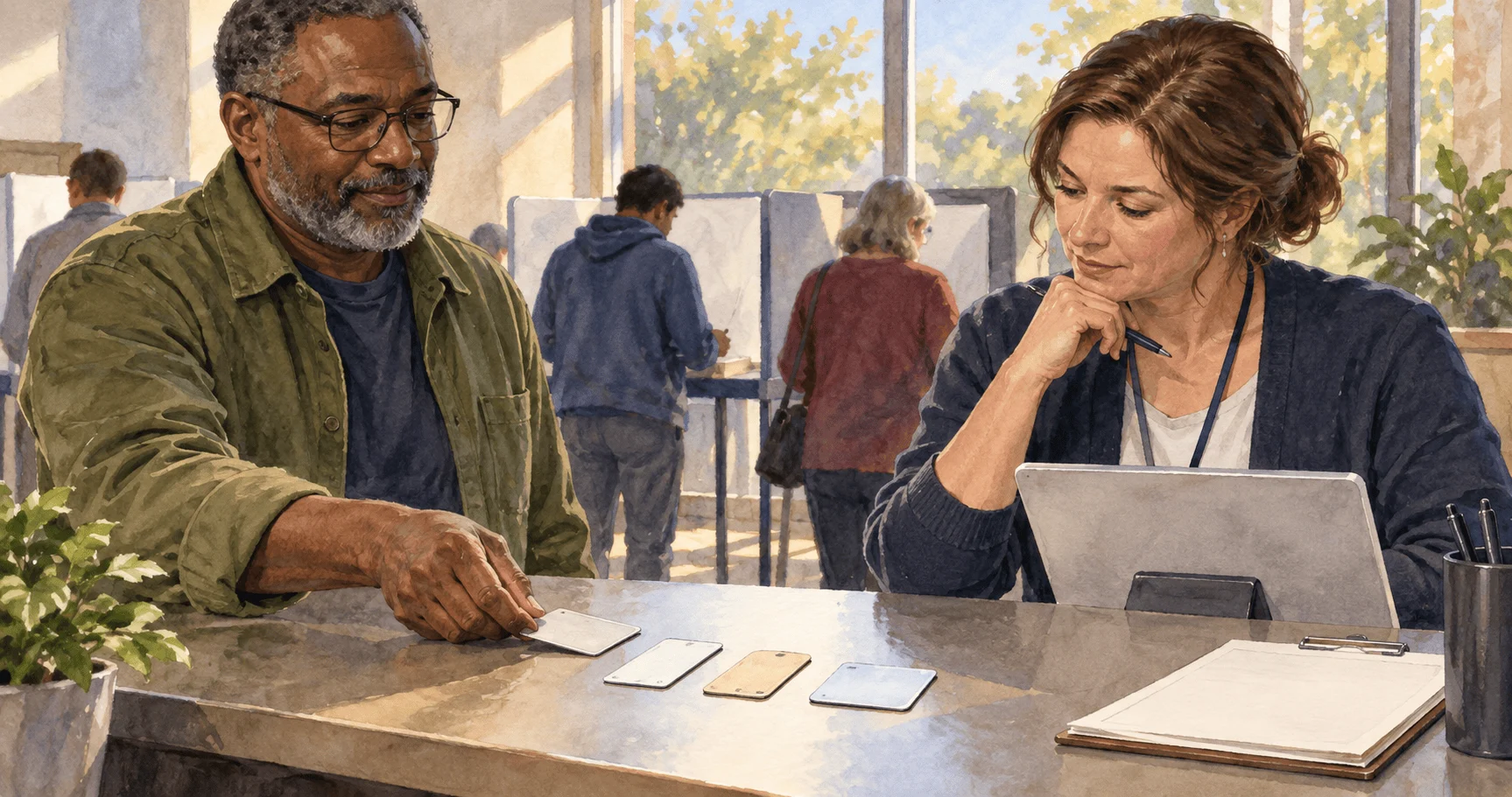 Conceptual painting of a voter asking which identification can be used.