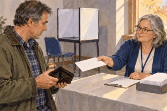 Conceptual painting of a poll worker offering a provisional ballot after missing ID.