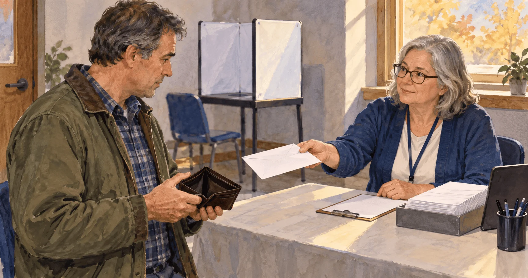 Conceptual painting of a poll worker offering a provisional ballot after missing ID.
