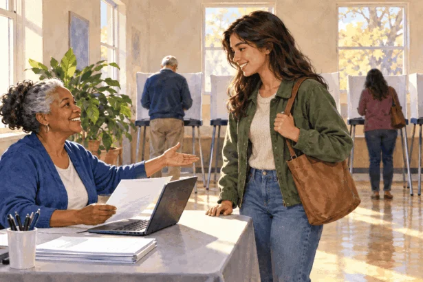 Conceptual painting of a voter entering a polling place and checking in.