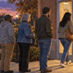Conceptual painting of people already in line entering a polling place at dusk.