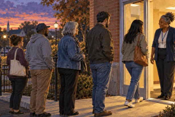 Conceptual painting of people already in line entering a polling place at dusk.