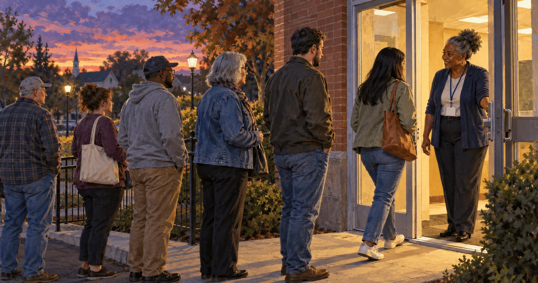 Conceptual painting of people already in line entering a polling place at dusk.