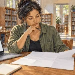 Conceptual painting of a voter reviewing a sample ballot at the library.