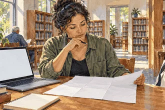 Conceptual painting of a voter reviewing a sample ballot at the library.