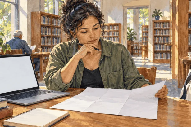 Conceptual painting of a voter reviewing a sample ballot at the library.