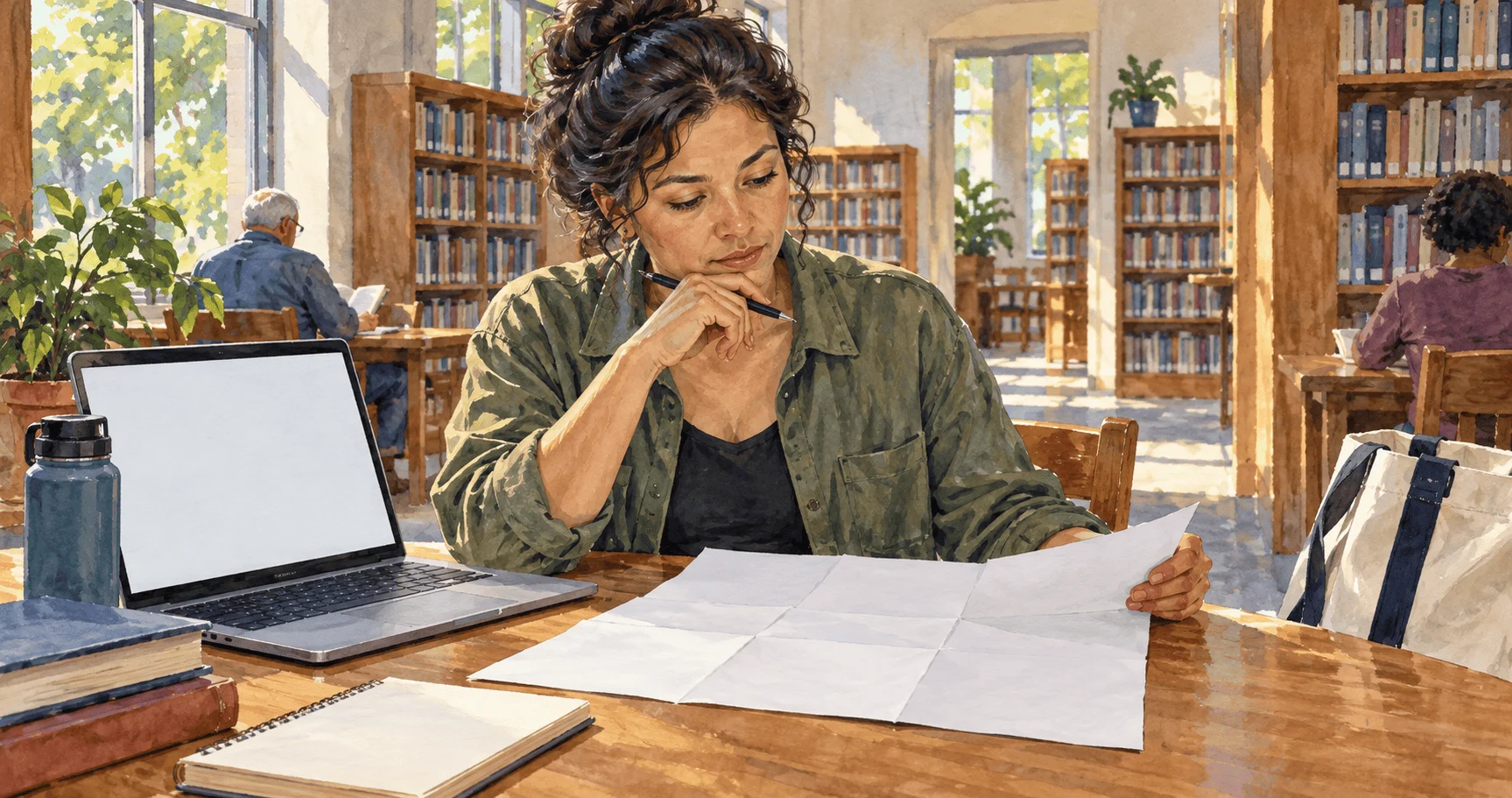 Conceptual painting of a voter reviewing a sample ballot at the library.