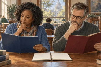 Conceptual painting of voters researching judicial candidates.