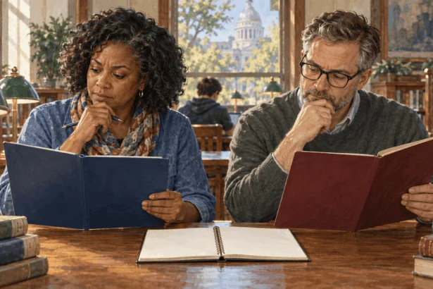 Conceptual painting of voters researching judicial candidates.