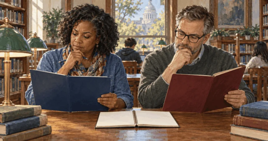 Conceptual painting of voters researching judicial candidates.