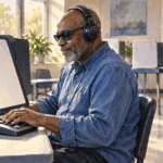 Conceptual painting of a blind voter using an accessible ballot-marking station.
